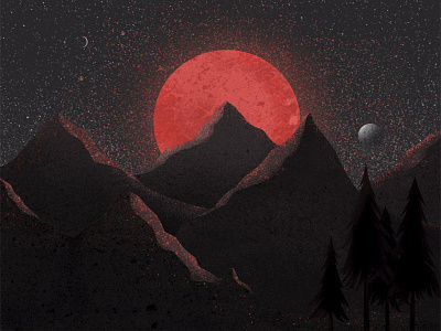 Red star flat illustration mountains planets space stars the trees
