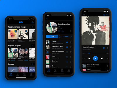 Digi – Mobile Music Application app application black blue clean design figma ios iphone mobile music player playlist simple sketch song ui ux