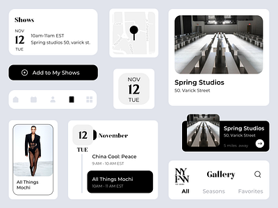 NYFW Design Components app buttons calander cards clean ui components events flat gallery home location map search shows tabbar title ui ui design user interface design ux design