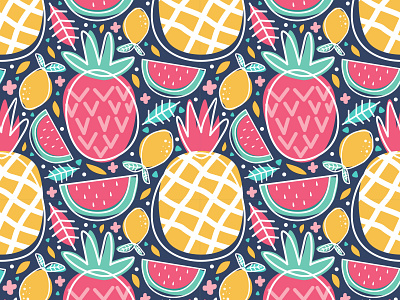 Tropical fruit seamless pattern colorful fabric fruit leaf lemon nature pattern pineapple print seamless seamlesspattern surface surfacepattern tropical vector wallpaper watermelon