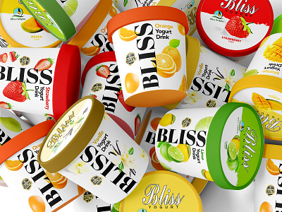Bliss Yogurt Product Packaging/Label Design food and drink labeldesign mango orange packagedesign packaging strawberry yogurt