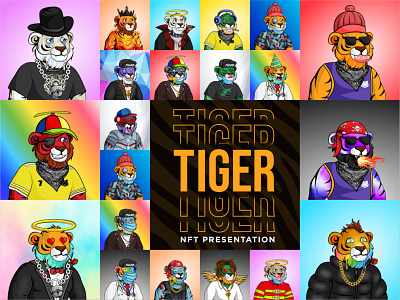 Tiger NFT Collection cartoon character conceptual design emoji flat graphics ideas illustration latest modern new nft nfts rabbixel sketch tiger vector