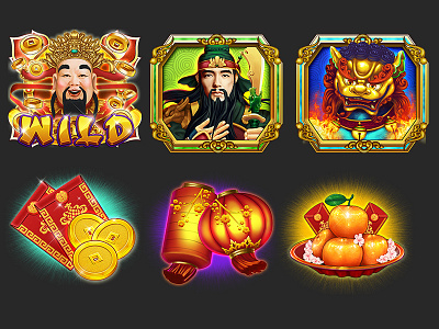Chinese New Year Symbols chinese fortune god gold coins guan yu machine new year nian oranges red envelope slot