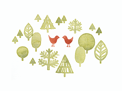 Birds and Trees Holiday Design hand drawn stationery watercolor