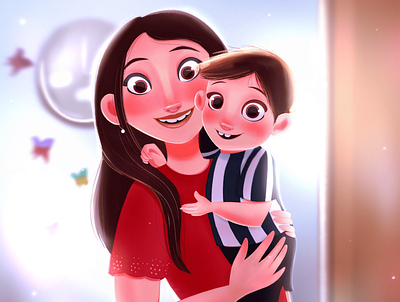 One of My Commissions boy cartoon cartoon character cartoon illustration character design character illustration child girl illustration mom mom with son mother room smile son woman