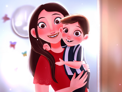 One of My Commissions boy cartoon cartoon character cartoon illustration character design character illustration child girl illustration mom mom with son mother room smile son woman