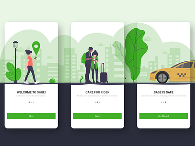 Sage rider for Android android app cab design for rider minimal mobile onboarding screens taxi app taxi booking app ui ux
