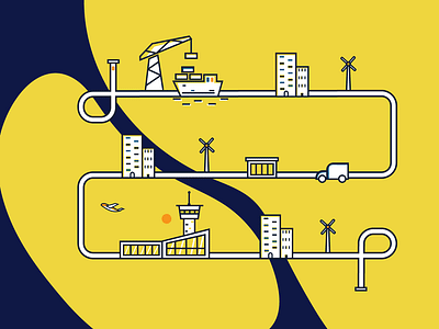 supply chain air port boat buildings car port road map sun supply chain turbine