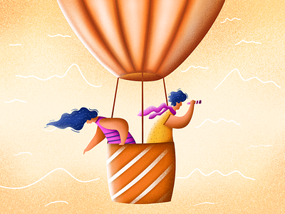 Hot air ballon balloons boy characters clouds drawing find fun grain hot air ballon illustration procreate riding searching telescope textures