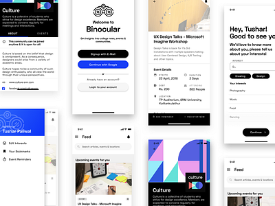 Binocular - A news and events app for college students clubs college events feed hamburger login news sign up sketch ui ux