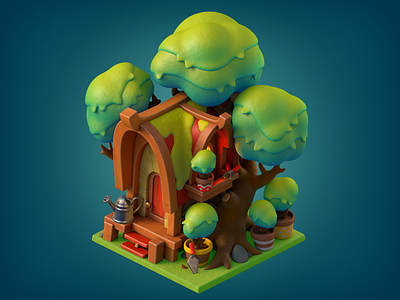 Wood mine 3d blue c4d cinema4d crowns green house illustration merger mine mobilegame pot scissors thee watering can wood