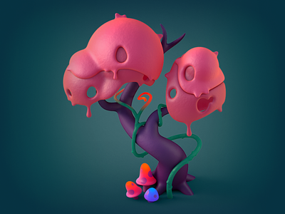 Corrupted tree 3d blue c4d corrupted crown fluid green illustration ivy luminance merger mobile game mushrooms orange pink purple red roots sweets tree