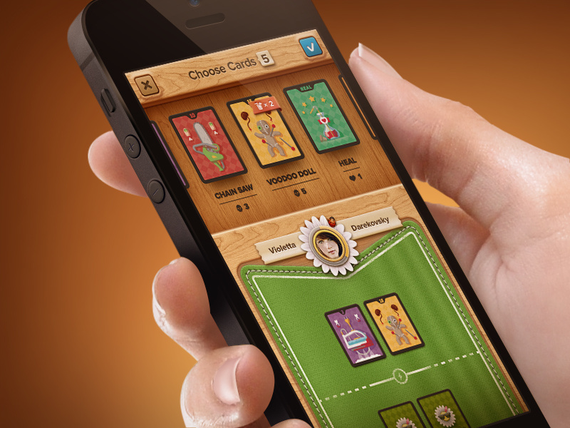 The Card Game Screen skeuomorphism struggle attack ui passion card game cards interface wood green colours