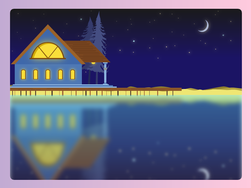 House by the lake sand woods pine yellow light reflection moon stars night blue lake house