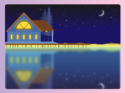 House by the lake blue house lake light moon night pine reflection sand stars woods yellow