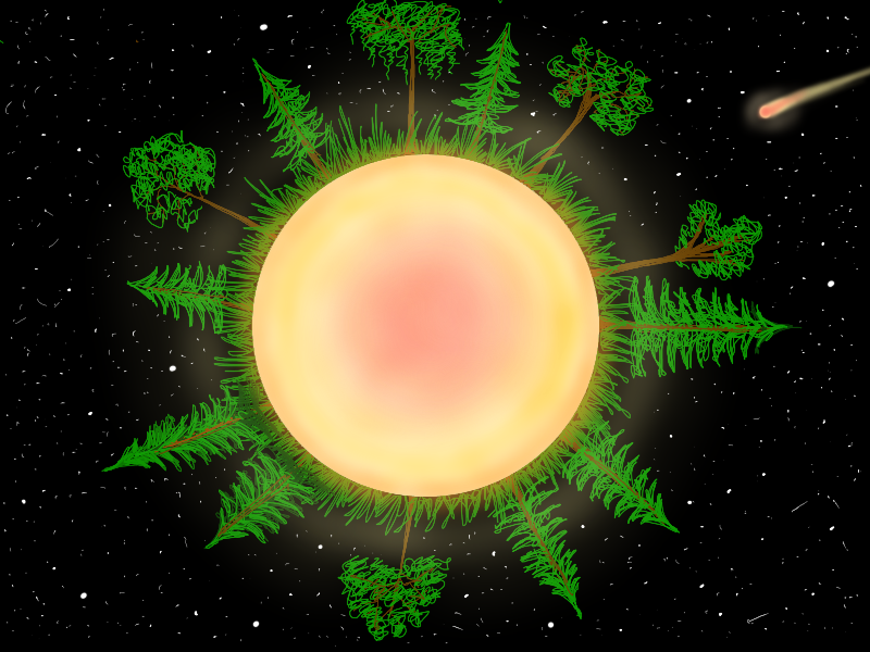 Dawn of the planet! meteor core yellow trees pine stars universe galaxy planet sketchbookpro