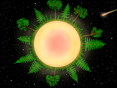 Dawn of the planet! core galaxy meteor pine planet sketchbookpro stars trees universe yellow