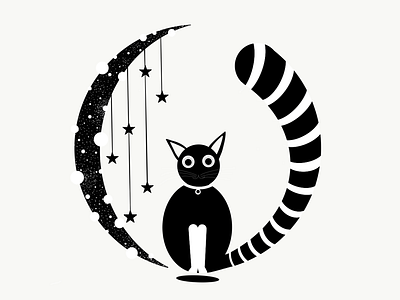 Cat’s night out alert bell black cat hypnotised illustrator draw moon stars stripes white