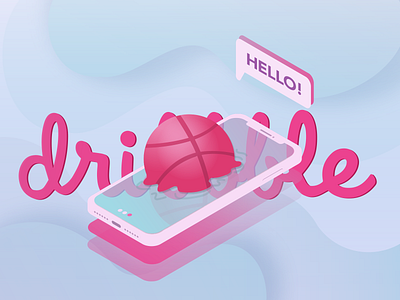 Hello, dribbble! blue first shot hello dribbble illustration invitation iphone iphone mockup isometric pink