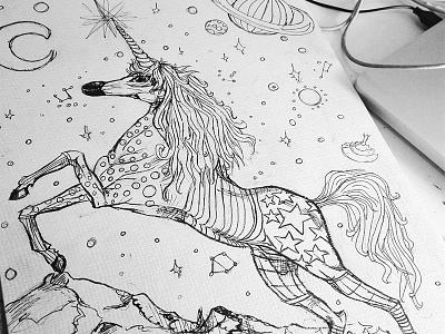 Unicornio boceto ilustración lápiz tinta