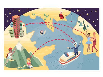 Zulahoo Home Page Illustration ballet boat captain climbing design earth globe mountain promotional