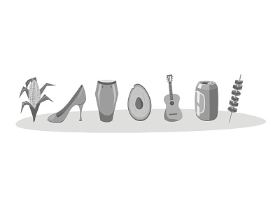 Latin American Culture Symbols, Illustrated avocado beer cerveza churrascaria corn grayscale guitar illustration monochrome timbal