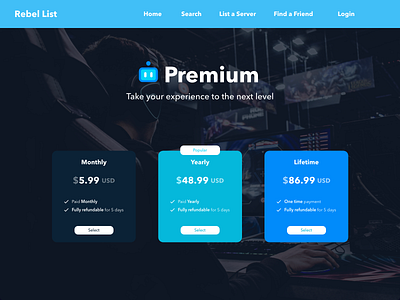 Premium Page app blue design discord gaming pay plan premium subscription ui ux website