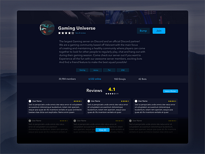 Server Card anime app blue branding design discord gaming illustration interface mountains profile review tags ui ux website