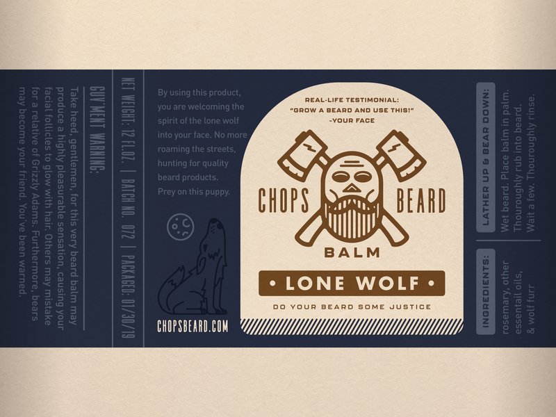 CHOPS Beard Balm - Lone Wolf Label ax axes badge beard beard balm branding howling wolf label label design logo packaging skull wolf