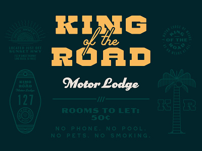 King of the Road Motor Lodge badge brand brand system car country music hellforge font hotel key tag logo motel motor lodge palm canyon font palm tree roger miller sunset visual vocabulary