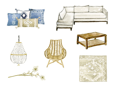Home Product for Serena & Lily design furniture home decor illustration interior design vignette watercolor
