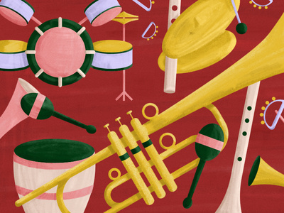 Jazz Orchestra Details orchestra musical instrument music vector art illustration green yellow editorial illustration digital illustration jazz