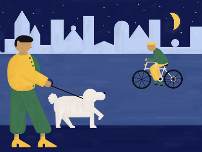 Night Walk bike blue city digital illustration dog editorial illustration green illustration moon night stars vector art walk yellow