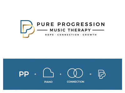 Pure Progression brand branding connection family gold letter logo mark music piano simple theraphy