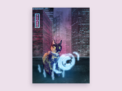 CyberGuen Cat Portrait cats commission cyberpunk illustration poster art