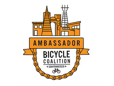 San Francisco Bicycle Coalition Ambassador Logo bicycle city design illustration logo orange ribbon skylines