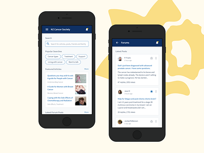 Cancer Information & Forum App app article blue cancer design forum information minimal mobile post product search software tags ui ux