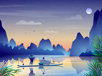Calm River Surface evening illustration people