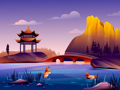 Dusk bridge illustration lake pavilion tree