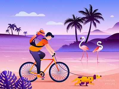 Riding bicycle bird boy dog illustration tree