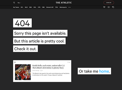 The Athletic new 404 error page 404 404 page article copy dark theme desktop error error page product sports web