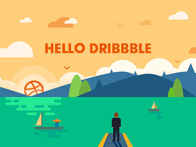Hello Dribbble! bird boy cloud debuts dusk illustration man mountain person ripple tree welcome