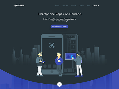 Ninja-inspired landing page with illustrations character design custom dark illustrations isometric landing page smartphone