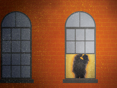 Couple on window brick fire illustration poster smoke texture window