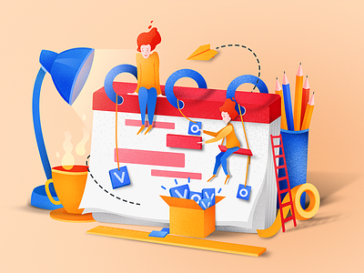 Marketing services illustration blue calendar character coffee desk ginger grainy illustration office office supplies paper airplane planning red yellow