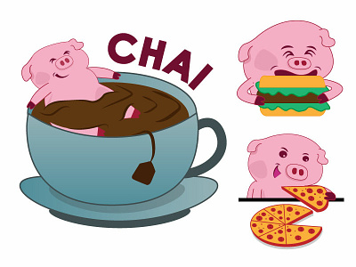 Piku Eating Habits - Lazy Pig Sticker Design adobe illustrator burger charachter design creative drawing illustration pizza sticker sticker design sticker set tea