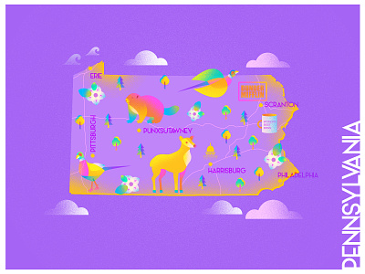 A state a day. #44 - Pennsylvania animals art bright color color combinations color study design flat gradient groundhog day illustration infographic map office pennsylvania poster scranton texture usa vector violet