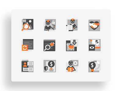 eCommerce, AI/ML icons artificial intelligence concept designinpiration ecommerce flat gradient graphicdesign grey icons illustration logo machine learning ml orange programming robot typography ui vector website