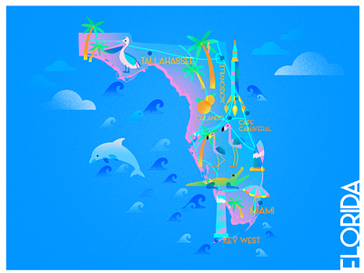 A state a day. #8 - Florida art blue challenge design flat florida illustration infographic map nature noise ocean pink postcard poster a day rocket states texture usa vector