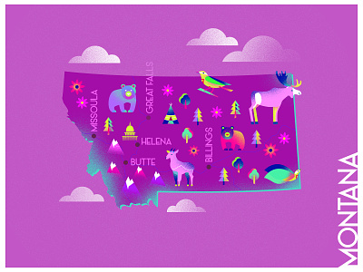 A state a day. #24 - Montana animals art bright colors challenge color combinations color palette design flat gradient illustration infographic map montana noise poster states texture usa vector violet